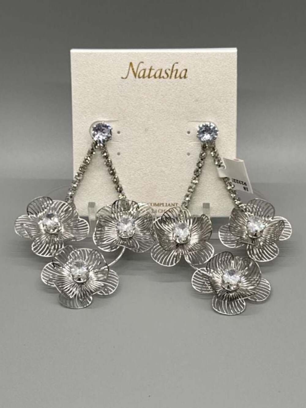 Natasha Silver Tone Openwork Flower Statement Dangle Earrings Rhinestones NEW